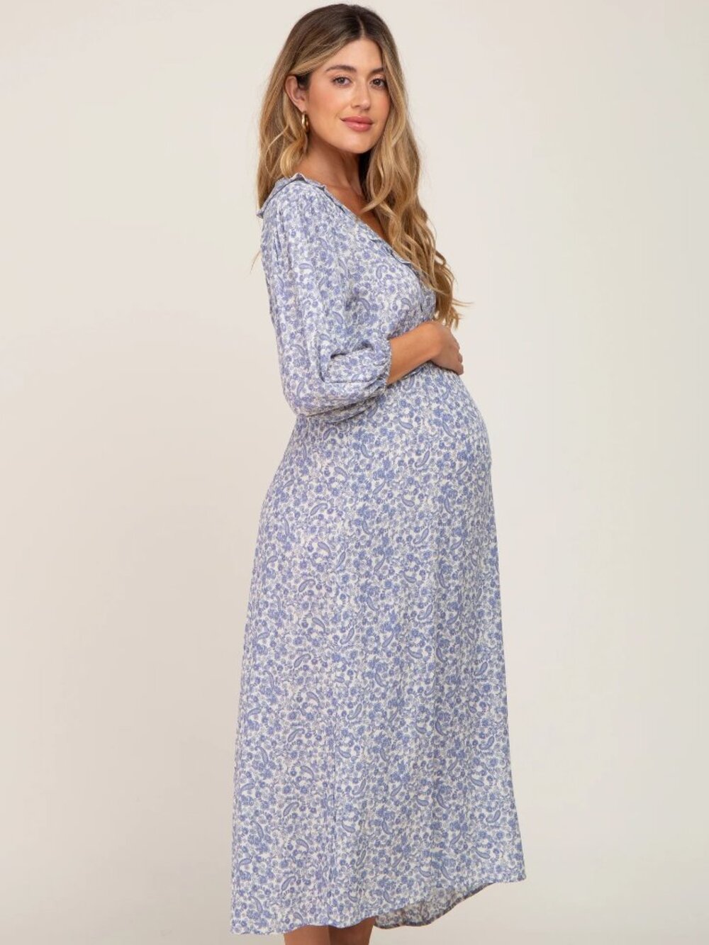 PinkBlush / LUSH Blue Floral Ruffle V-Neck Maternity Midi Dress S EUC